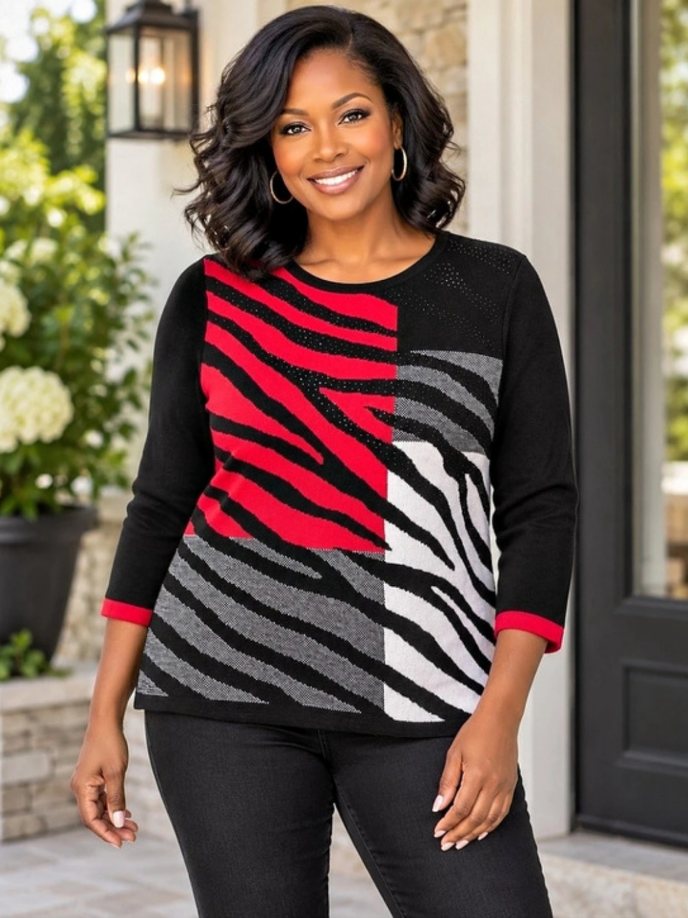 Alfred Dunner ps Jet Setter Long Sleeve Animal Print Top in Black & Red NWT